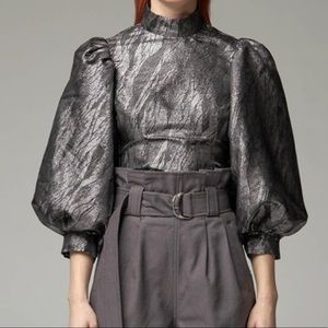 GANNI Metallic Jacquard Brocade Puff Sleeve Top